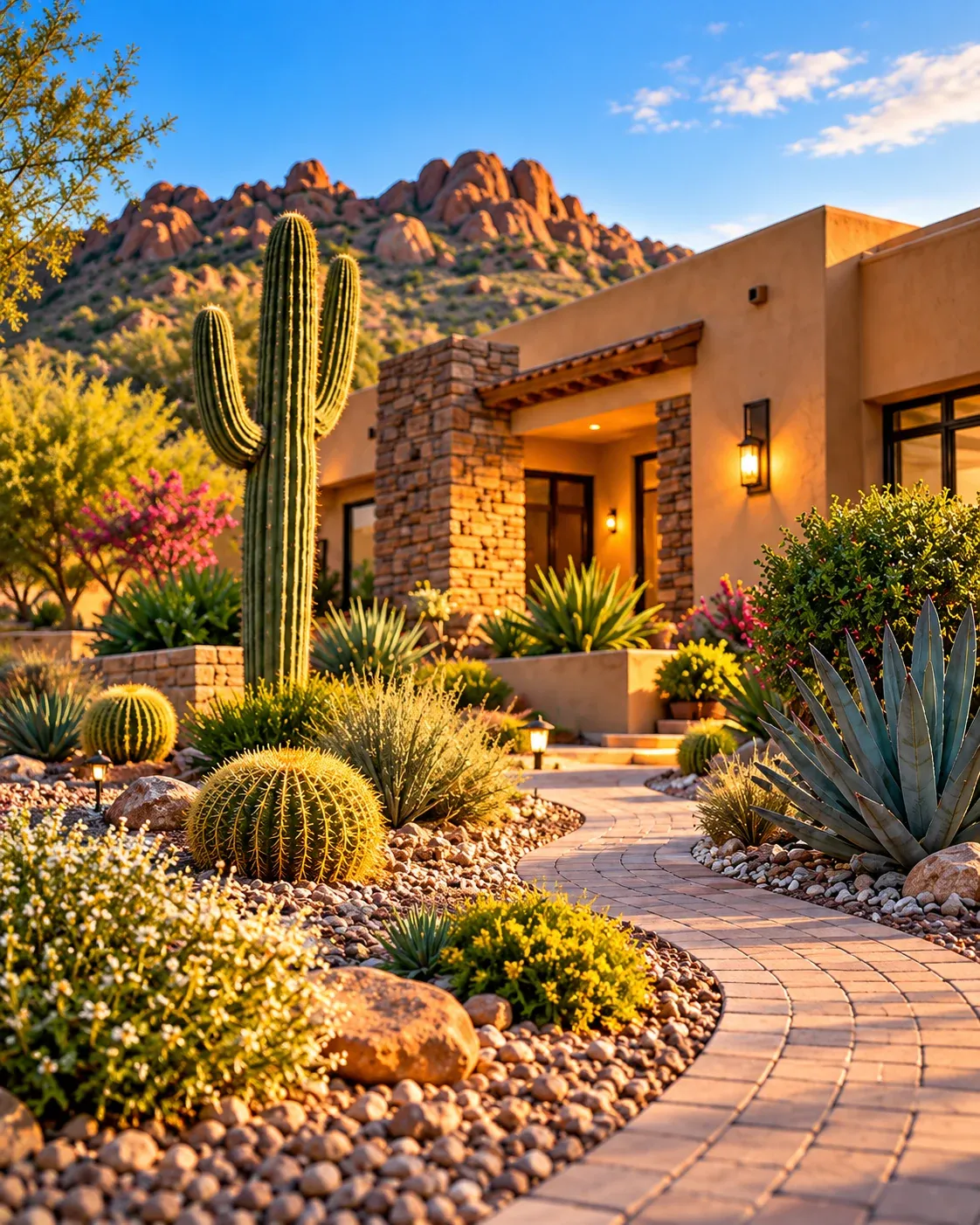 Arizona desert home with a landscaped yard at dusk